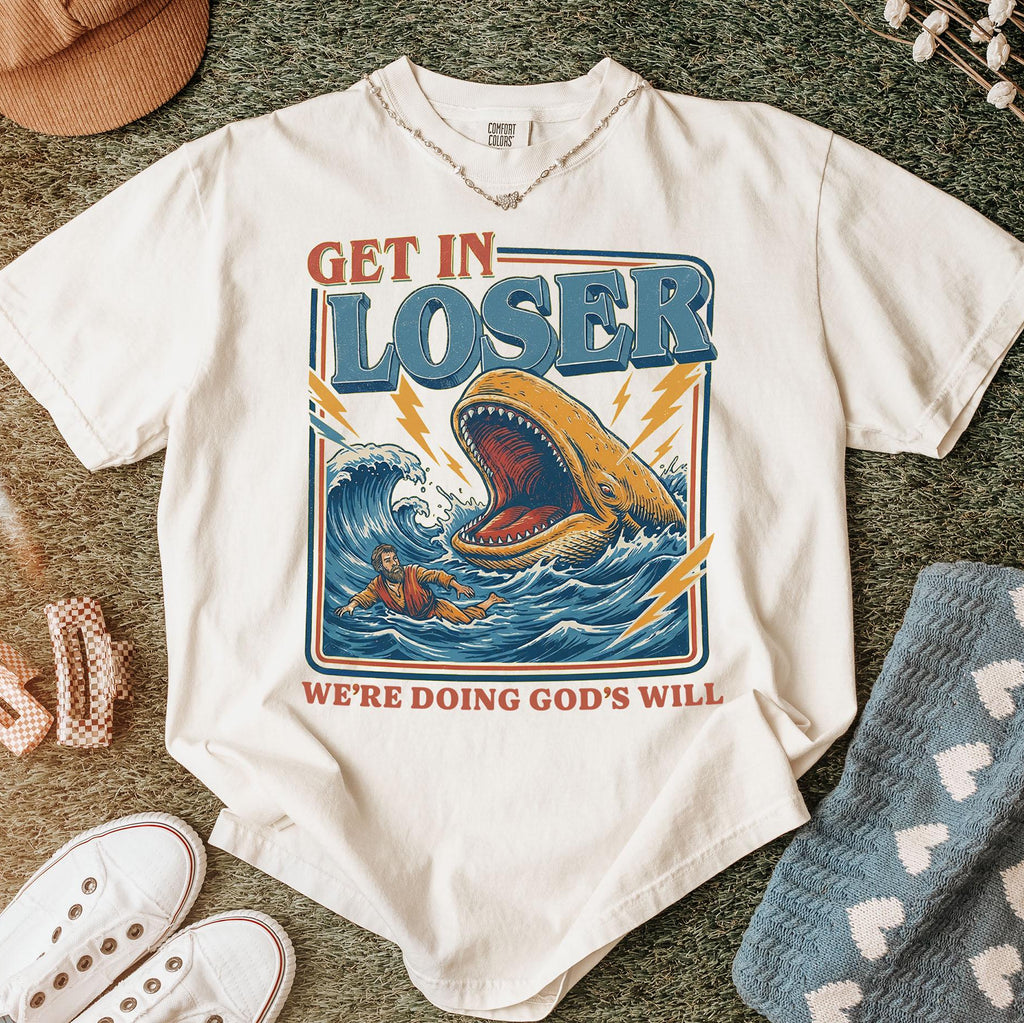 Get In Loser Were Doing Gods Will Shirt, Retro Jonah and the Whale T-Shirt, Christian Humor Tee
