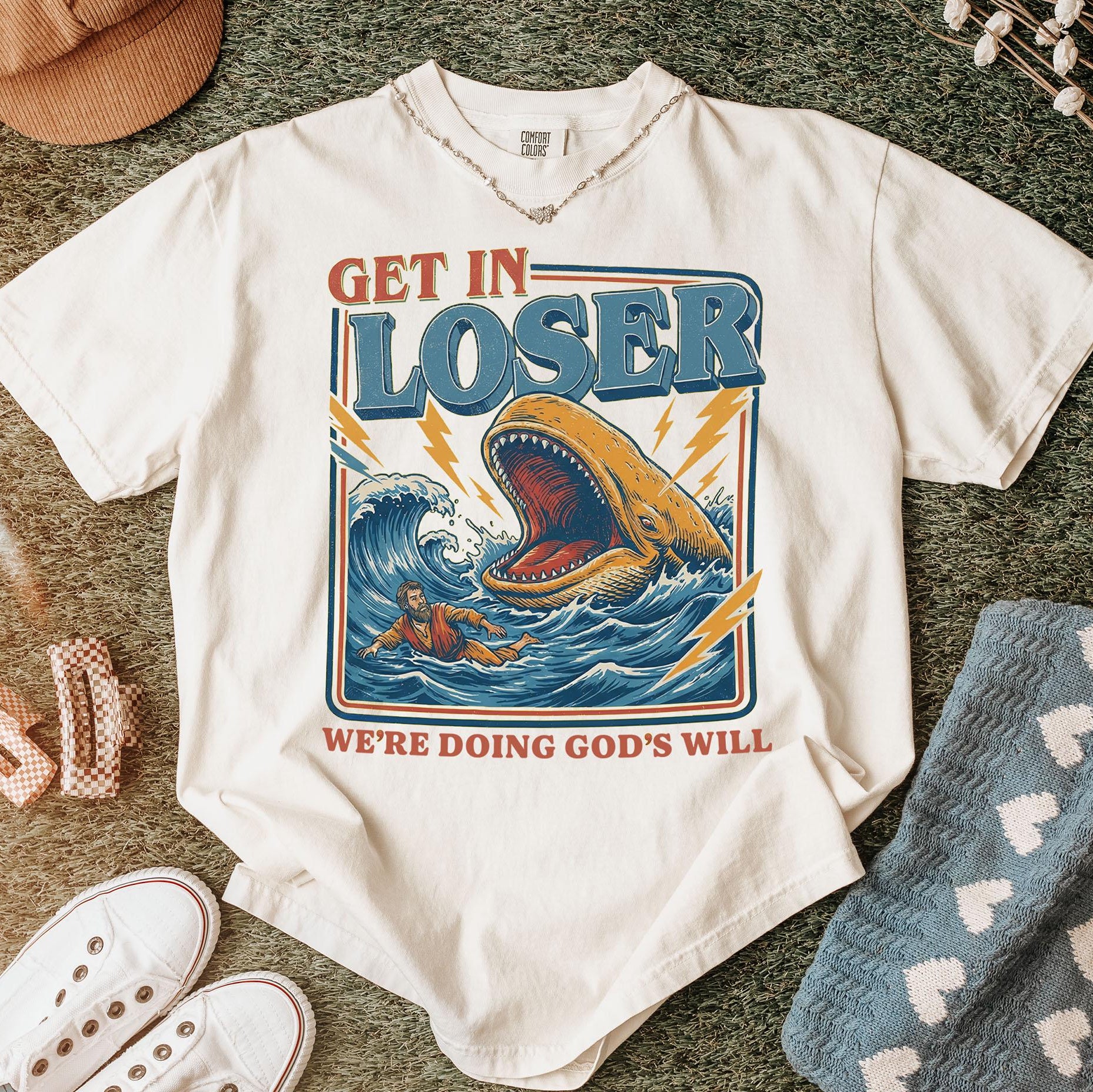 Get In Loser Were Doing Gods Will Shirt, Retro Jonah and the Whale T-Shirt, Christian Humor Tee